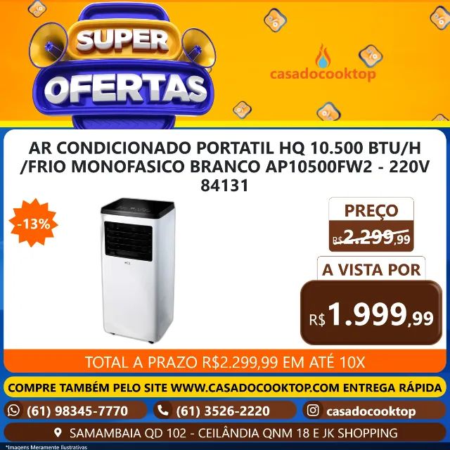 AR CONDICIONADO PORTATIL HQ 10.500 BTU/H /FRIO MONOFASICO BRANCO AP10500FW2 - 220V 84131