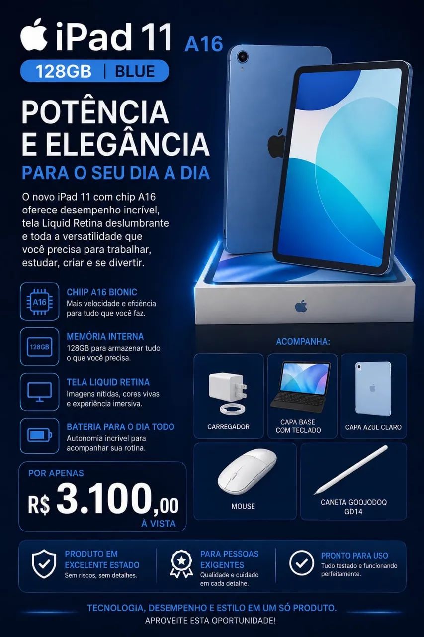 iPad 11 A16 128gb + capa teclado mouse caneta