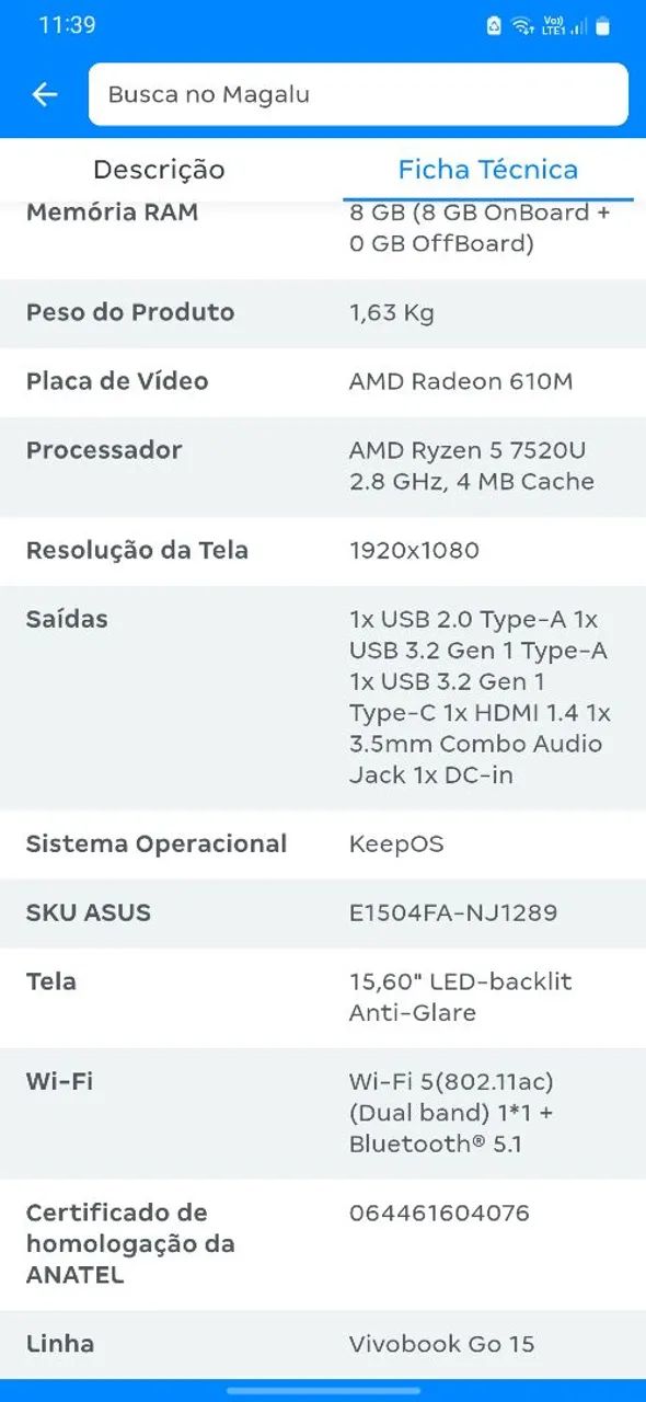Notebook ASUS Vivobook Go 15 E1504FA AMD Ryzen 5 7520U 8GB Ram 1TB SSD - Foto 4