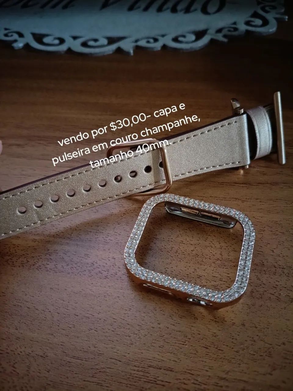 Pulseira e capa protetora smartwatch champanhe com strass Tam. 40mm - Foto 3