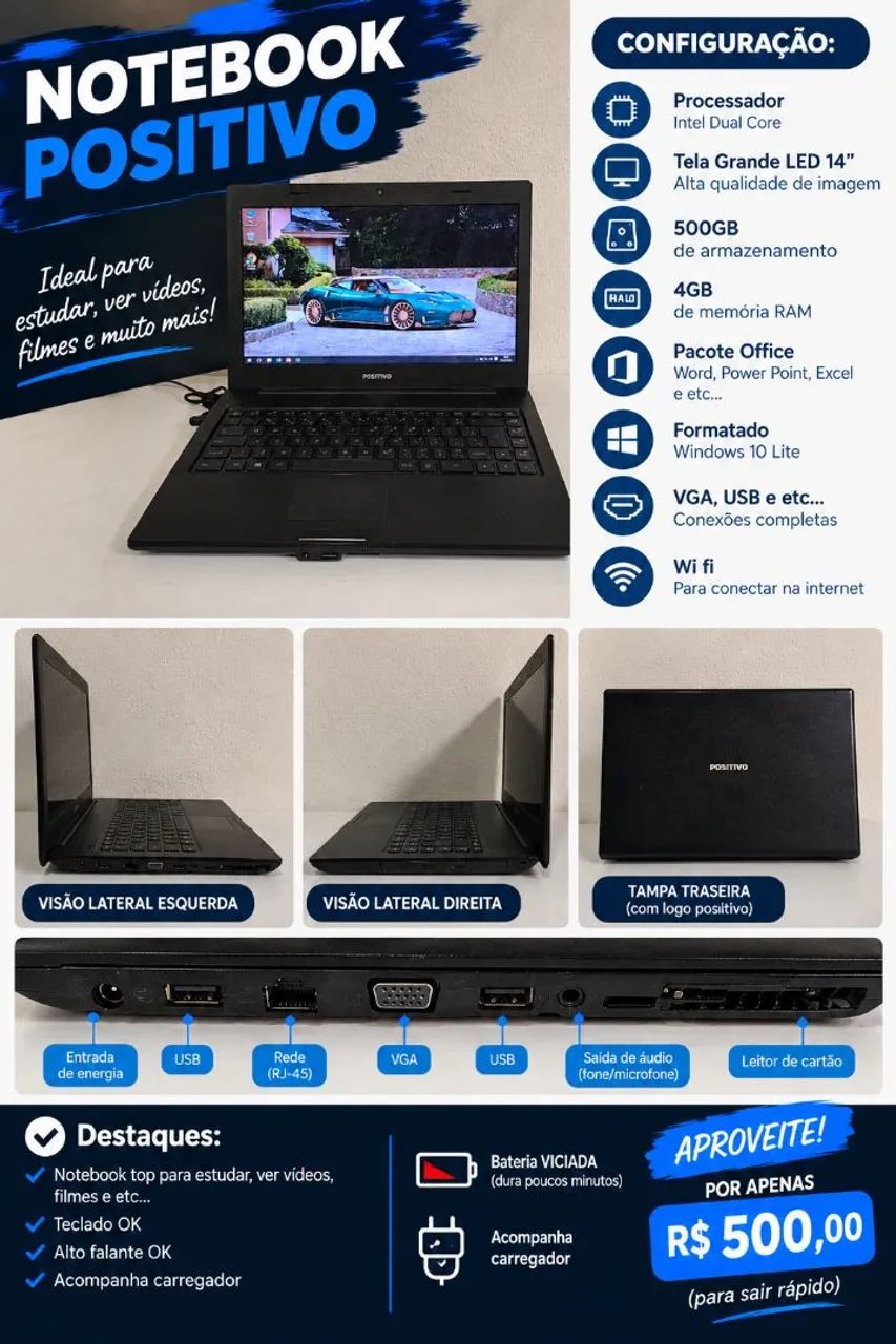 Notebook Positivo Toop para estudo 