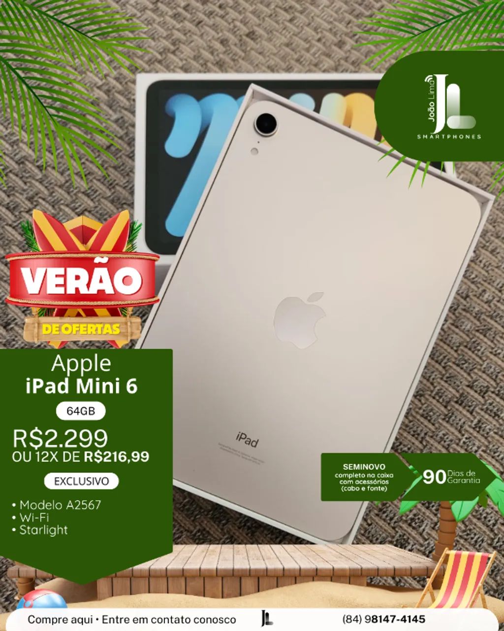 IPAD MINI 6, 64GB, STARLIGHT, NA CAIXA, SEMINOVO, EXCLUSIVO