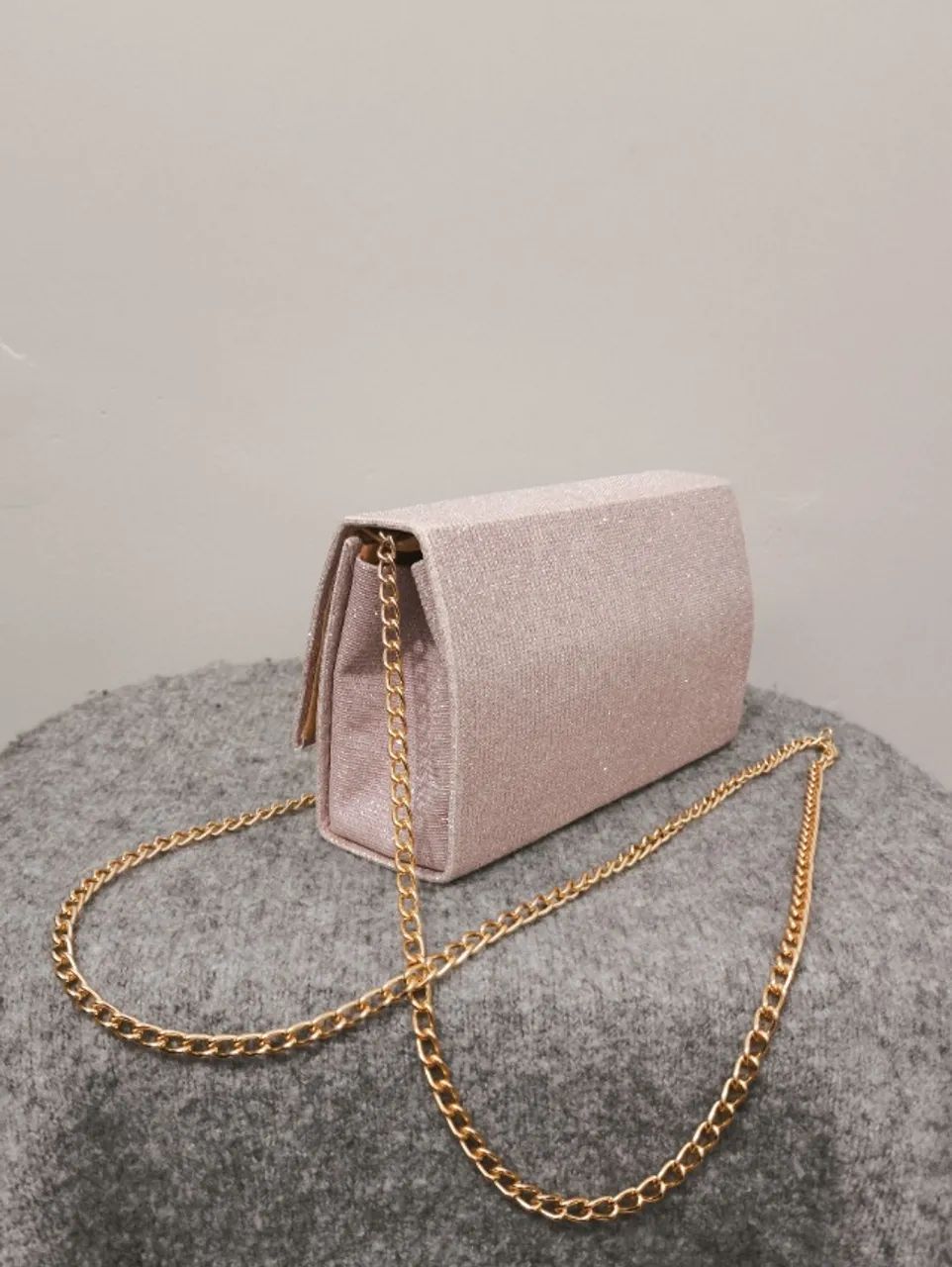 Bolsa Clutch de Festa Glitter Rosé com Alça Dourada - Foto 2