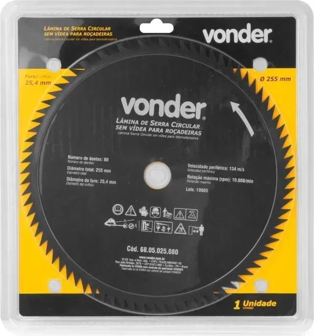 Lâmina circular sem vídea, para roçadeiras, 255 mm x 25,4 mm, 80 dentes, VONDER