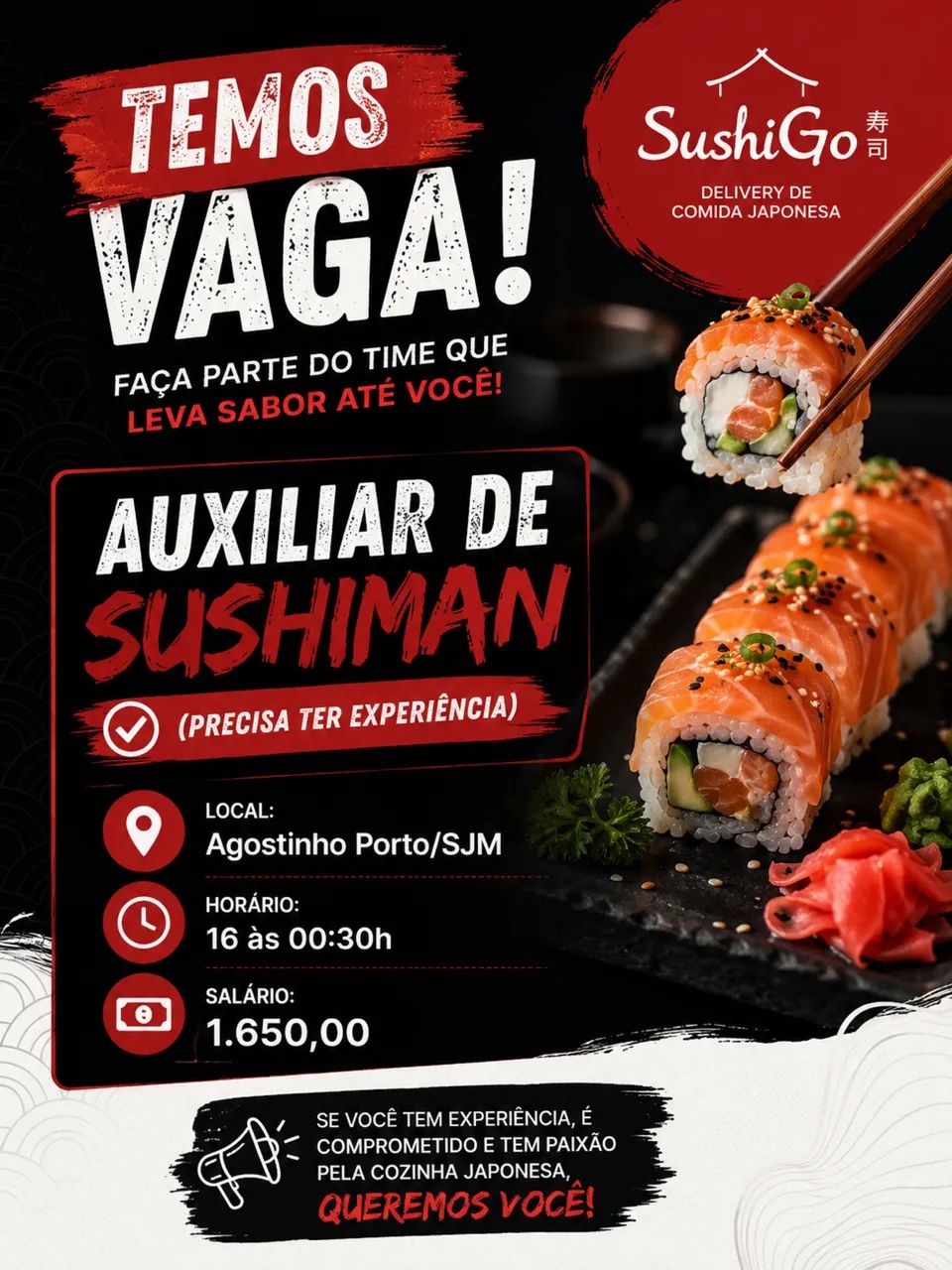 Contrata-se auxiliar de sushiman
