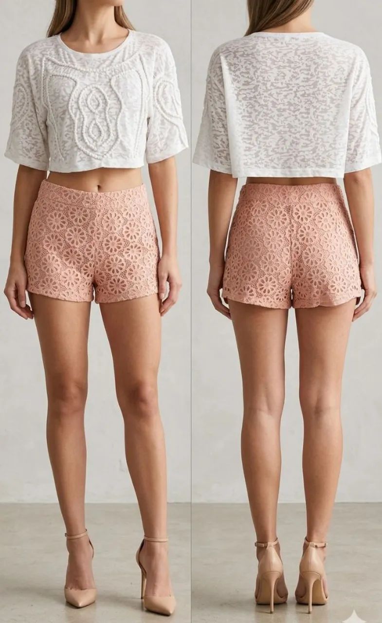 Conjunto Cropped Branco + Shorts Rosa Zara M