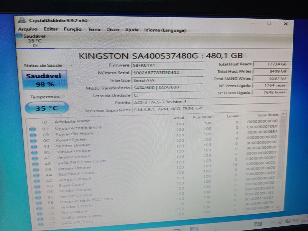 SSD 480GB KINGSTON SATA SAUDÁVEL - Foto 4