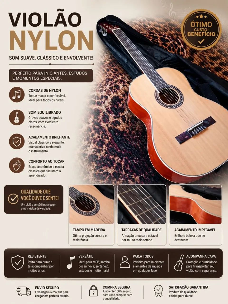 Violão nylon + capa de trasporte+ alça de apoio 