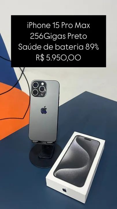 iPhone 15 Pro Max 256GB Preto Saúde de bateria 89% R$ 5.950,00