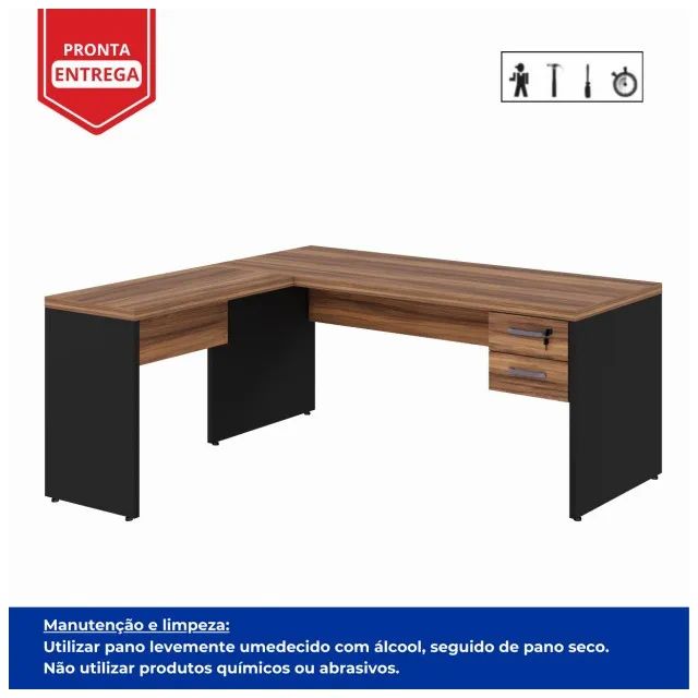 Mesa Escritório em L 1,70m + Mesa Auxiliar 2 Gavetas Nogal Sevilha Preto Modelo 21479 - Foto 3