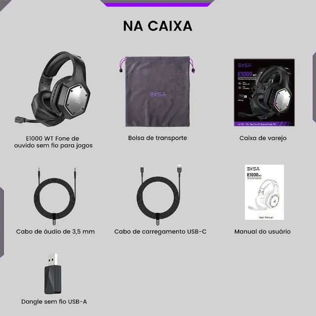 Headset Eksa E1000 WT Wireless 7,1 Surround 2.4Ghz Sem fio Drivers 50mm - Foto 3