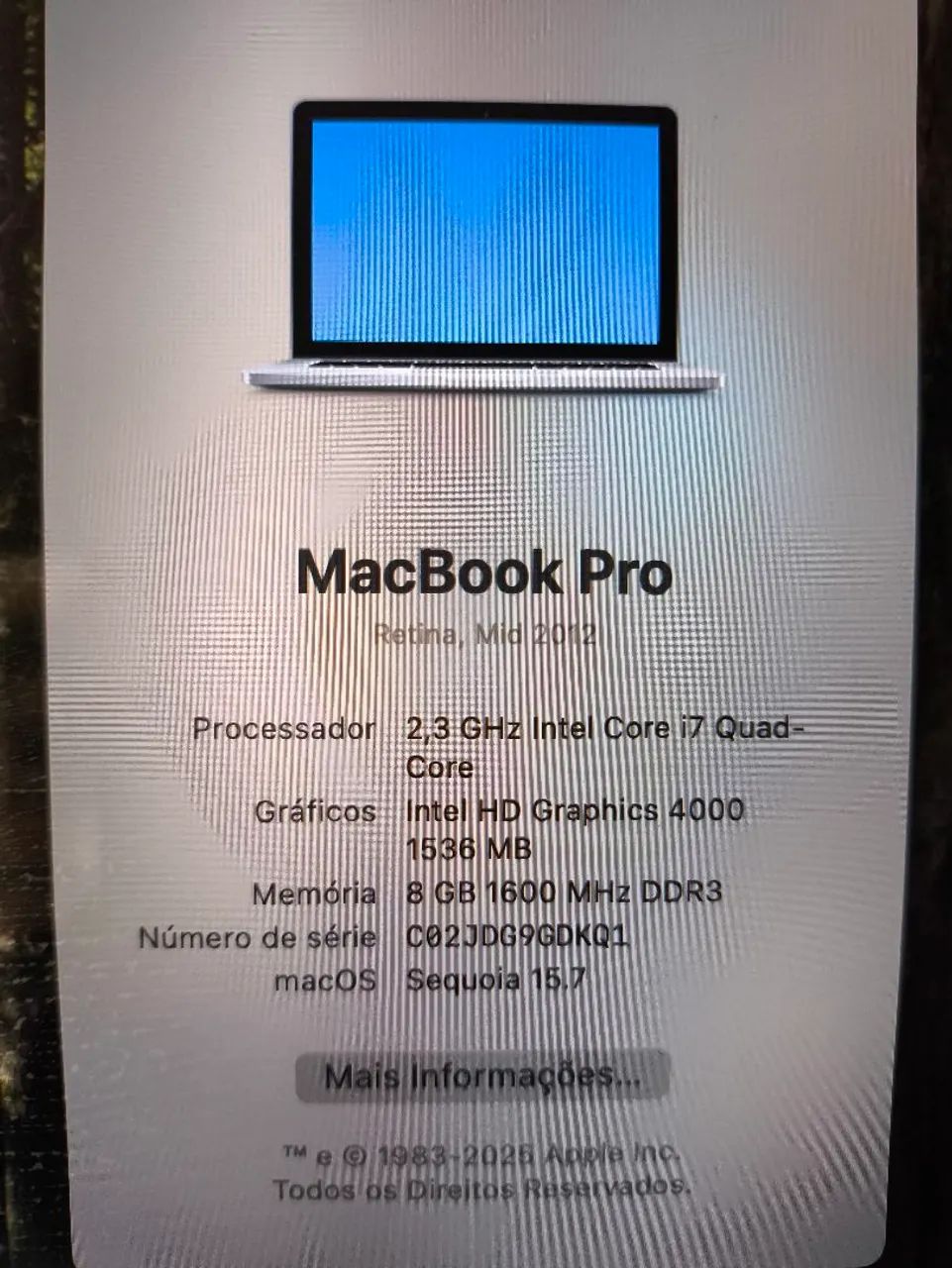 Macbook pro 15 retina mid 2012 i7 quadcore 8gb 250gb SSD bateria