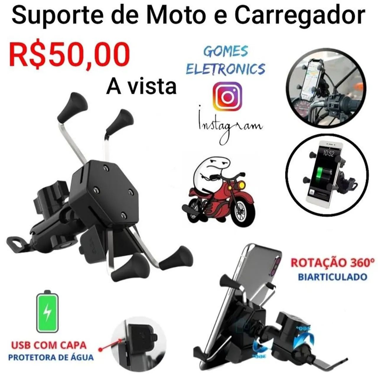 Suporte de celular para Moto, modelo garra de metal e giro de 360 ° com usb carga 5v