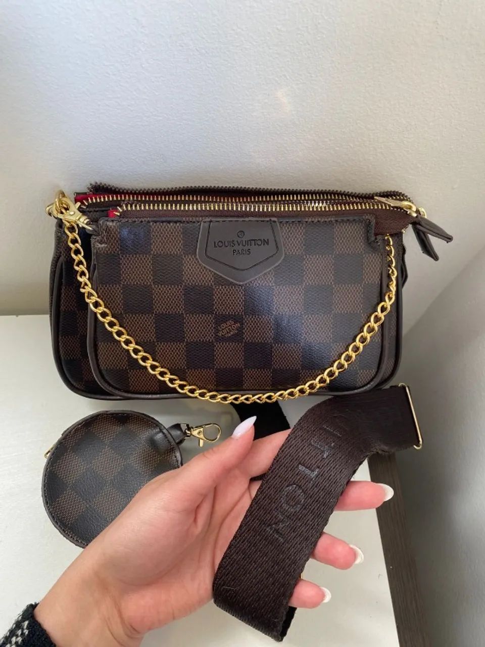 Bolsa Louis Vuitton Multi Pochette acessórios Xadrez marrom Premium - Foto 3