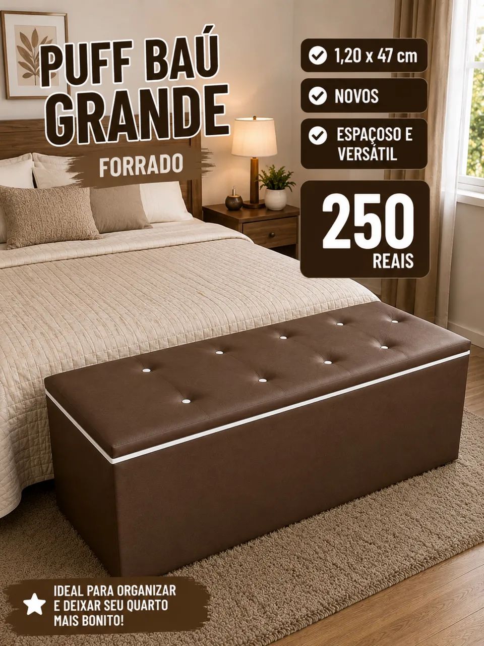 Puff baú grande forrado para quarto 1,20x47 - Foto 2