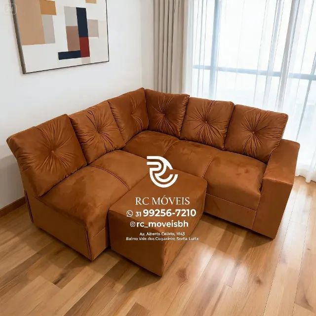 Sofá Canto e Puff Suede Cinza Claro D33 Premium - Foto 3