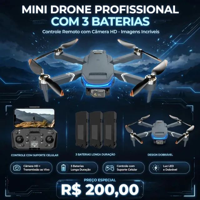Mini Drone Profissional Com Controle Remoto Com 3 Baterias