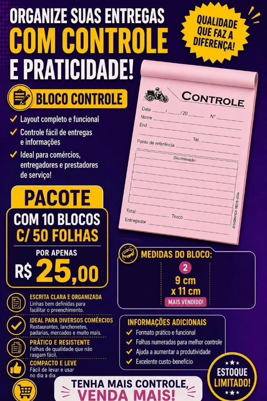 Bloco Controle de Entregas 9x11 cm (Pacote com 10 blocos)