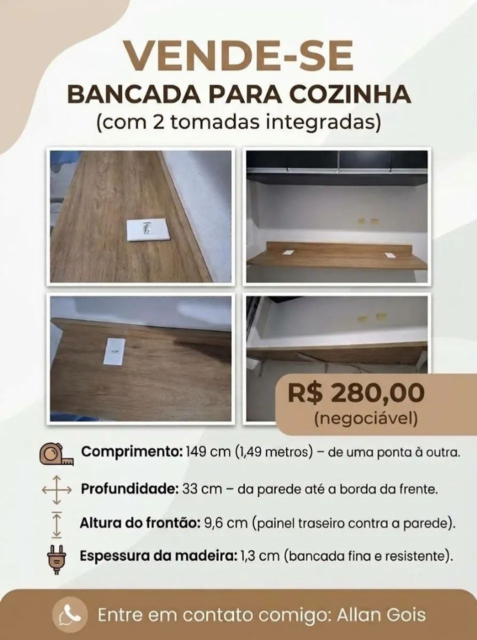 Bancada de Cozinha com 2 Tomadas 