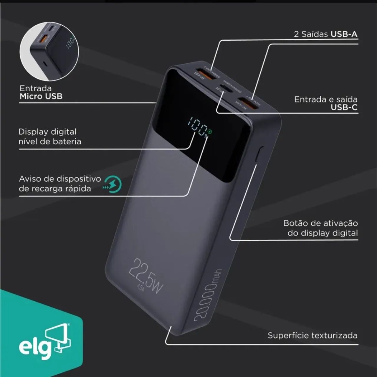 Power Bank ELG PRO 20.000mAh Original Turbo 22,5W Display Digital USB-C PD - Foto 2