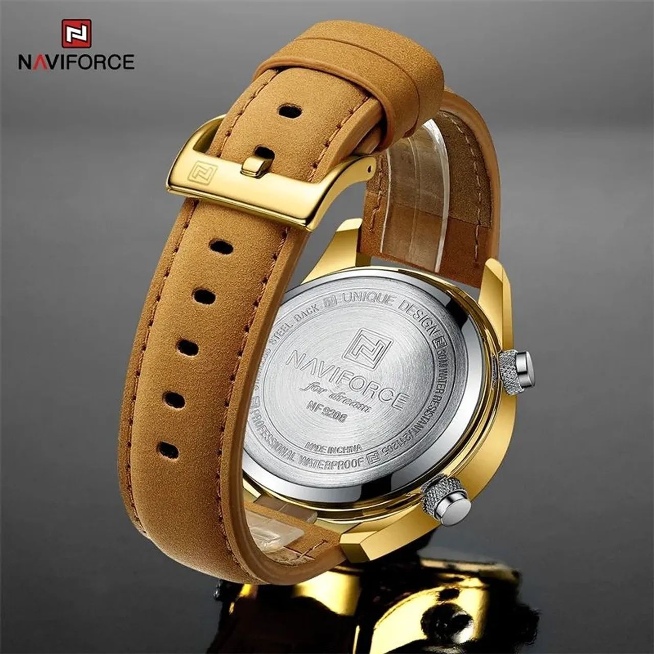 Relógio Naviforce 9208 Dourado Pulseira em Couro, Analógico e Digital, Calendário - Foto 6