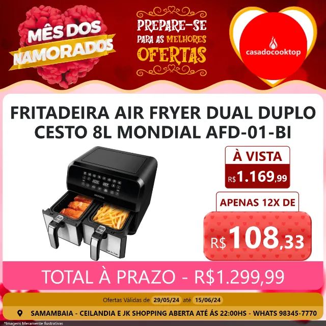 Fritadeira air fryer dual duplo cesto 8l mondial afd-01-bi