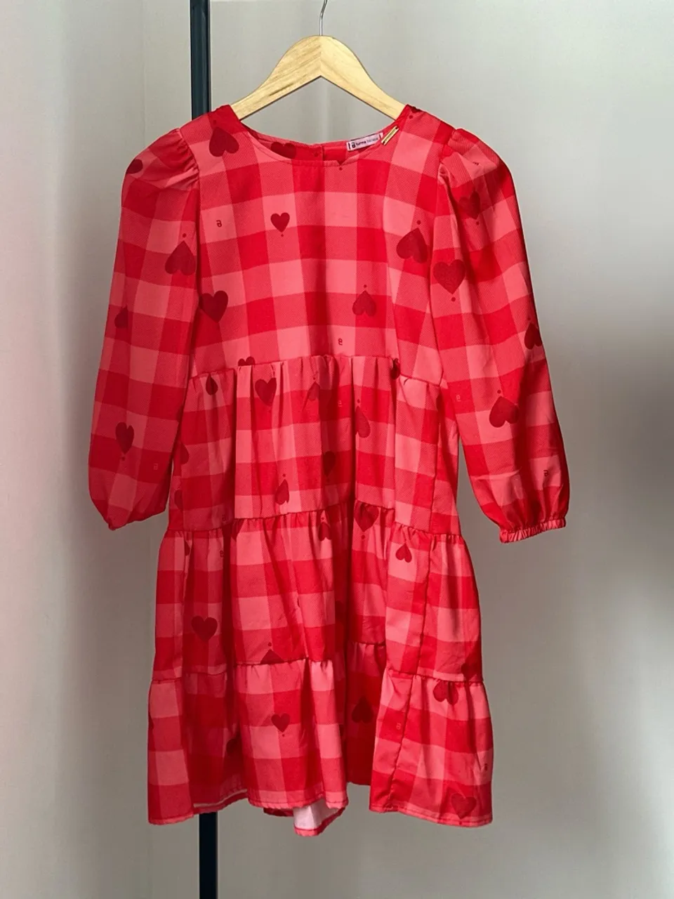 Vestido Infantil Xadrez Vermelho com Corações