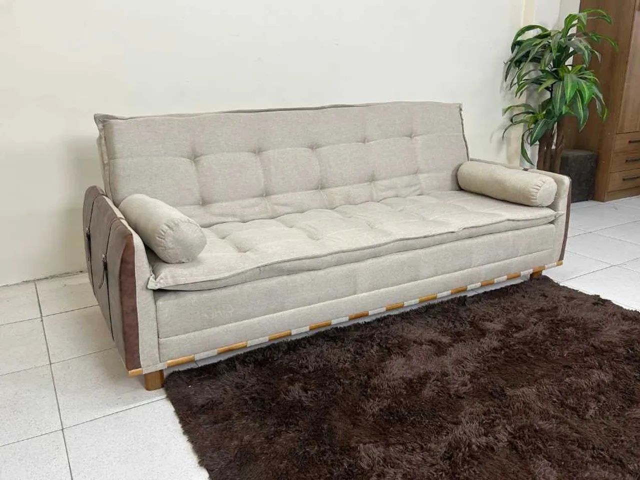 Sofá Cama Berlim 2.11m - Bege/Marrom Linho