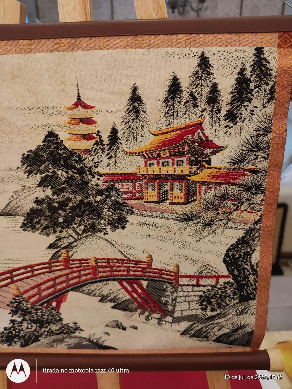 Linda Tapeçaria em fio de Seda Japonês - Cena Oriental com Monte Fuji ao fundo. 30x28cm - Foto 2