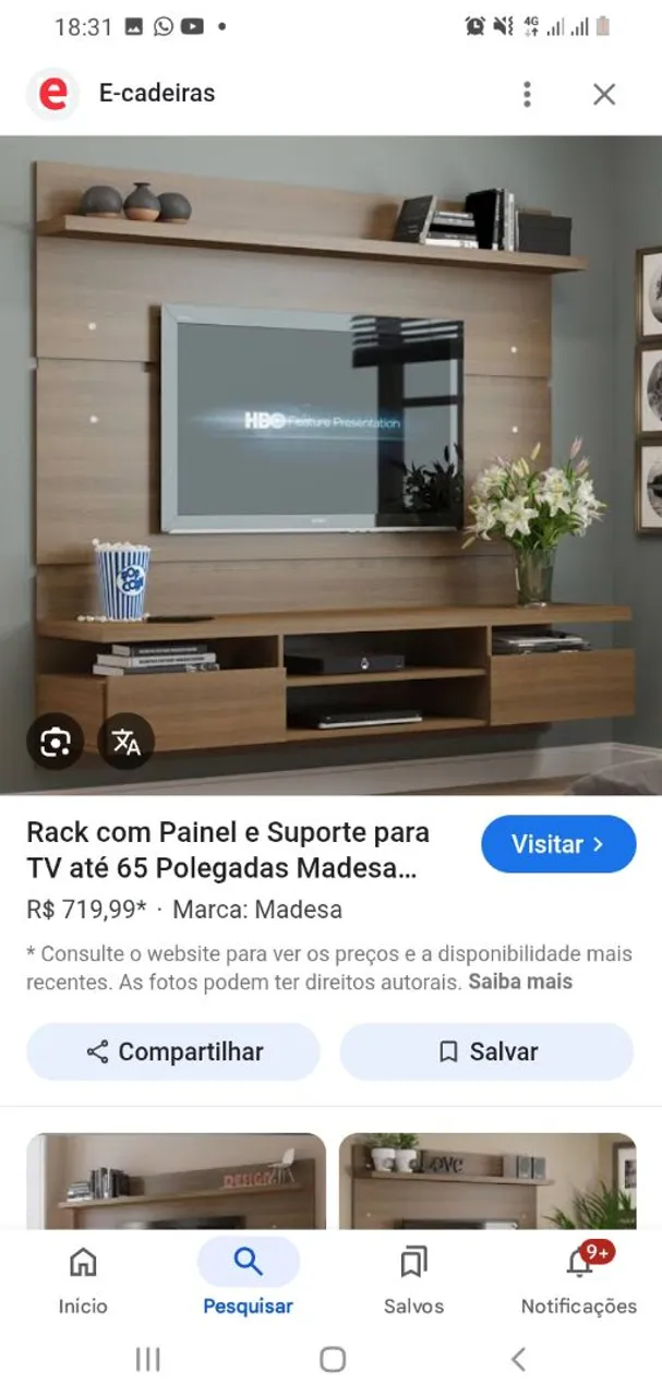 Rack com Painel e Suporte p/ TV 65 Polegadas Madesa
