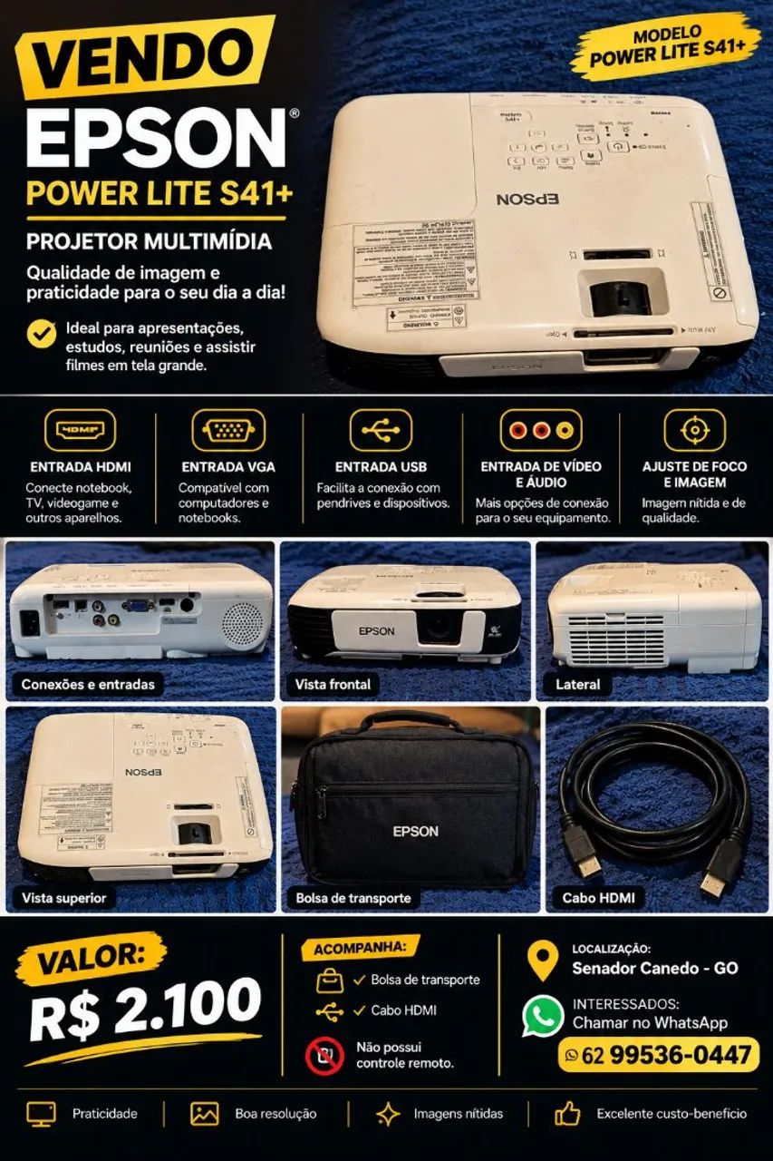 Projetor Epson PowerLite S41+ com Bolsa e Cabo HDMI <br>