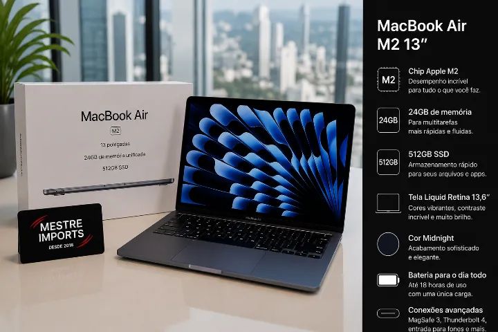 MacBook Air M2 13 Polegadas 24GB RAM 512GB SSD Midnight Novo Lacrado