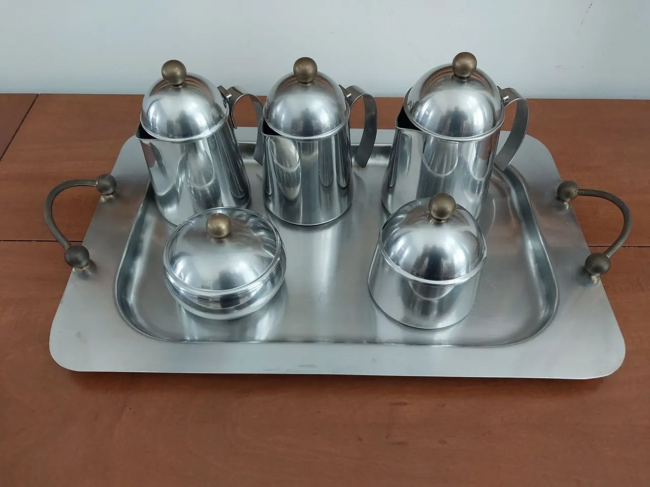 JOGO CHÁ/CAFÉ COM BANDEJA EM INOX -  VINTAGE ANOS 80