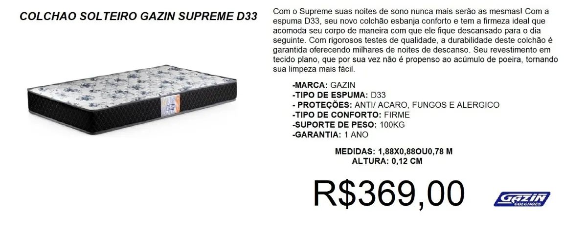 Colchão solteiro d33 gazin 100% espuma - temos a pronta entrega 