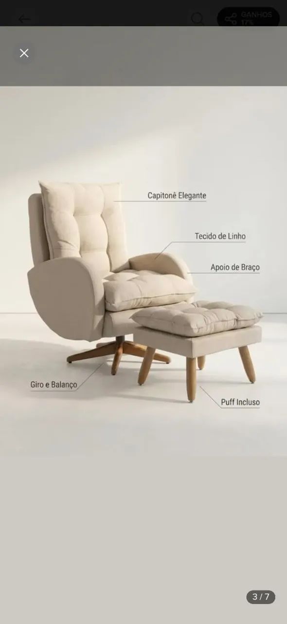 Poltrona Premium + Puff - Giratória 360° e Balanço - Foto 3