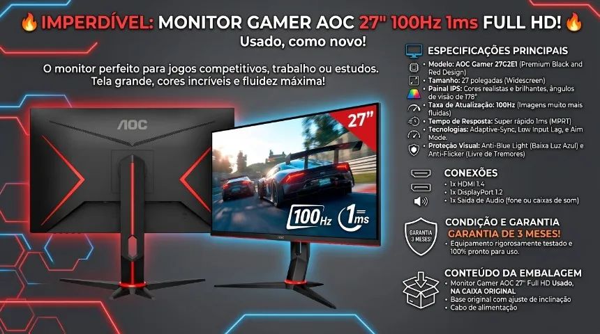 Monitor Gamer AOC 27" 100Hz Full HD 1ms IPS DisplayPort e HDMI Adaptive-Sync - 27G2E1