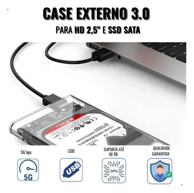 Case Externa para SSD HD SATA 2.5 transparente com USB 3.0 com cabo destacável - Foto 4