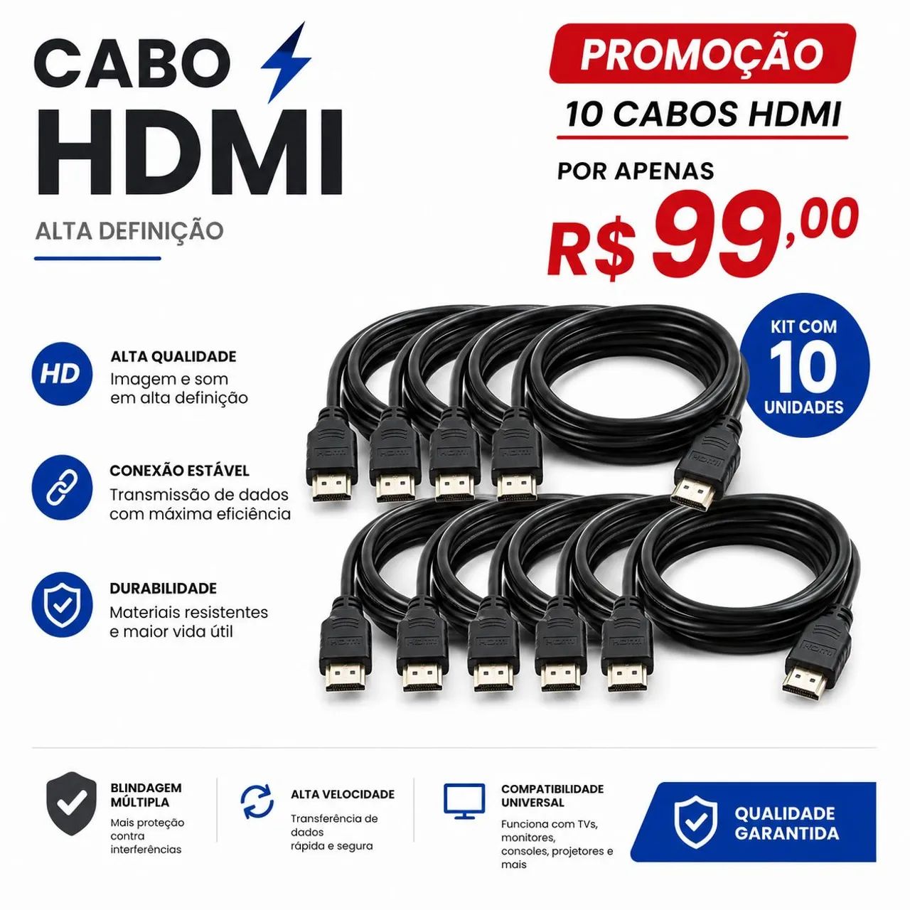 Kit 10 cabos HDMI (novo)
