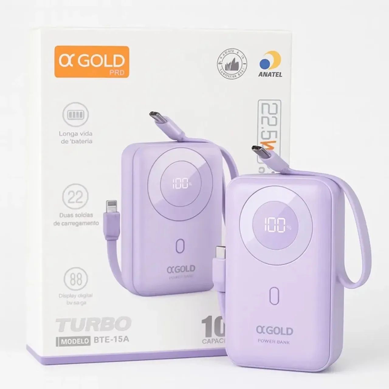 Carregador Portátil Power Bank 10.000mAh com Cabo Tipo C e iPhone, 22.5W PD, Lilás 