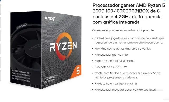 Kit Processador Ryzen 5 3600 RX5700 8GB Pe as de Hardware