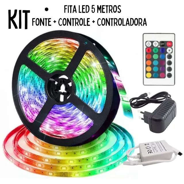 Kit fita LED RGB 5 m Acompanha fonte e controle remoto _ CS479