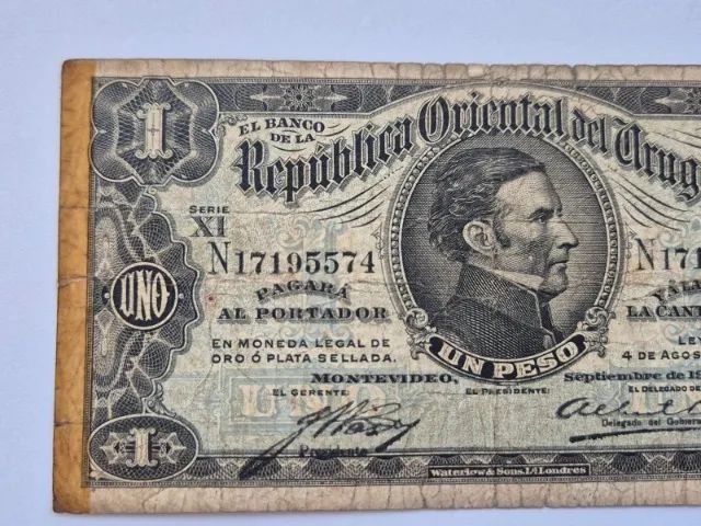 Cédula Antiga Uruguai. Un Peso / 1 Peso. Série XI. 1914! - Foto 3