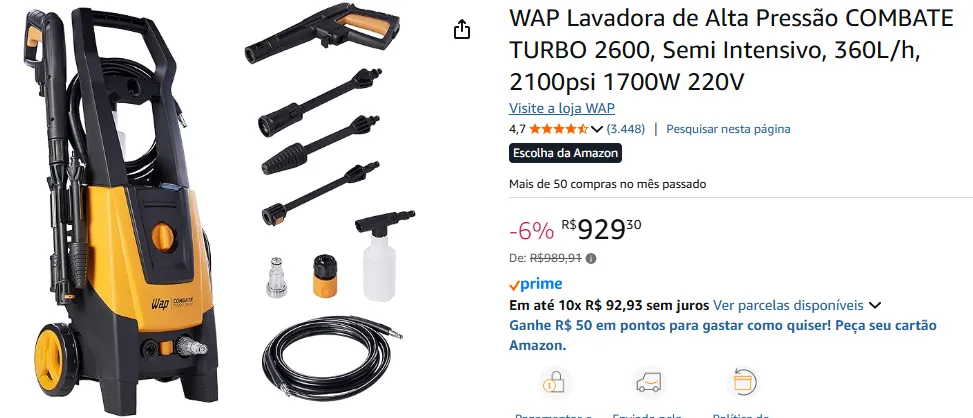 WAP Lavadora de Alta Pressão COMBATE TURBO 2600, Semi Intensivo, 360L/h, 2100psi 1700W 220