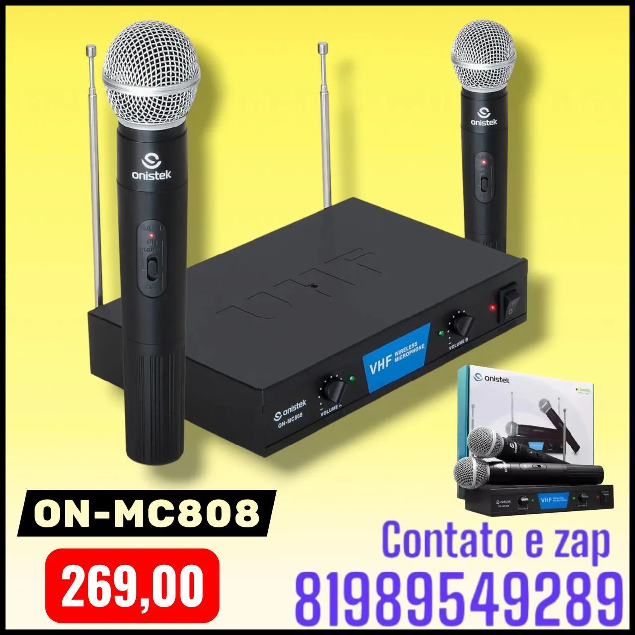 Microfone sem fio duplo UHF Onistek ON-MC808