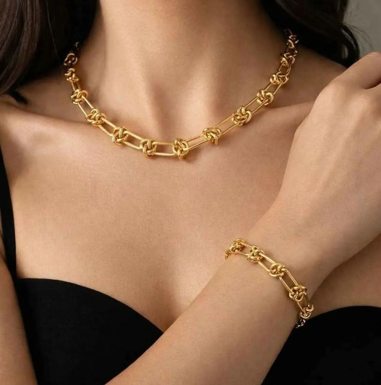 Conjunto gargantilha e pulseira elos entrelaçados aço Inoxidável  - Foto 2