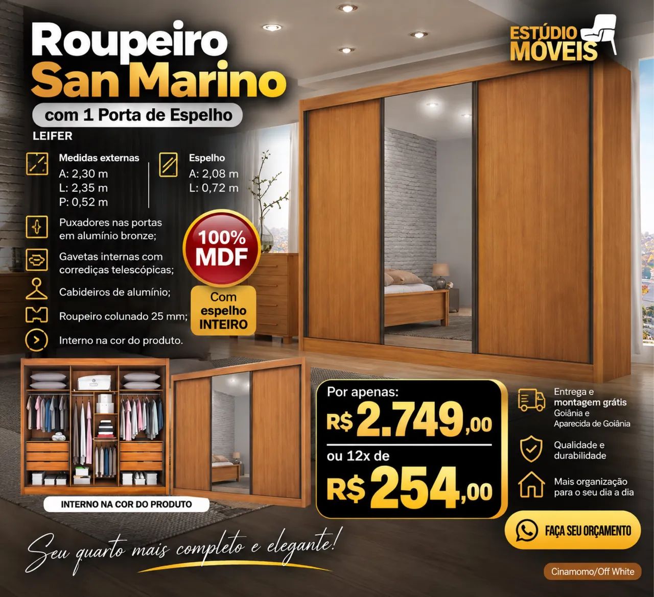 Guarda roupa casal porta de correr 2.35cm