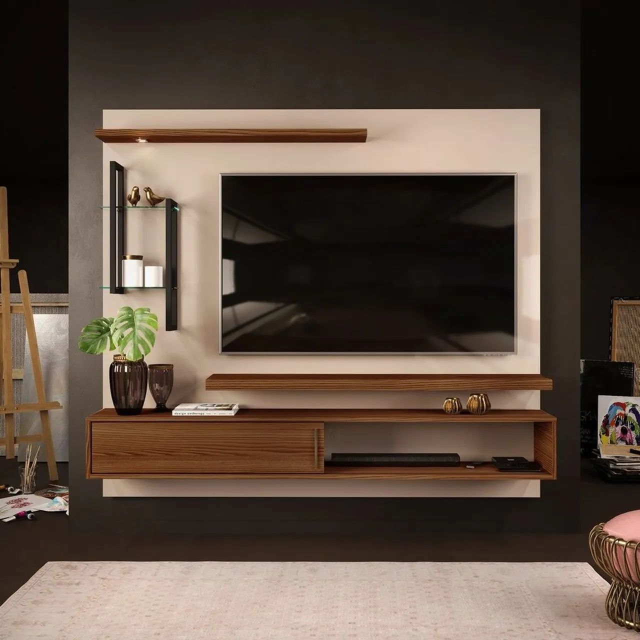 Painel para TV até 60 Polegadas 1.8 Mila Dj - Off White/ Marroquim Com Luminária de Led<br>