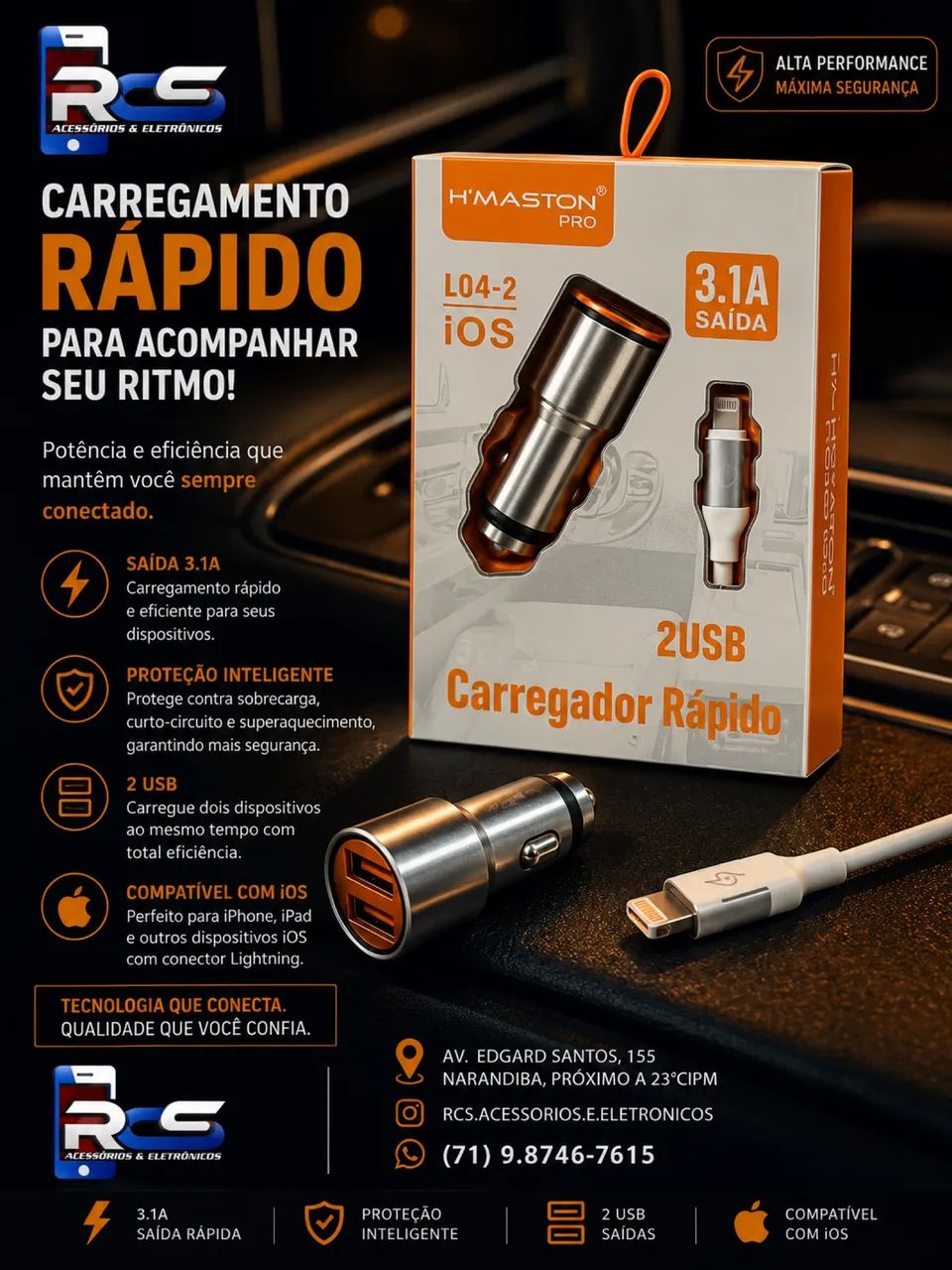 Carregador Veicular + Cabo para iPhone