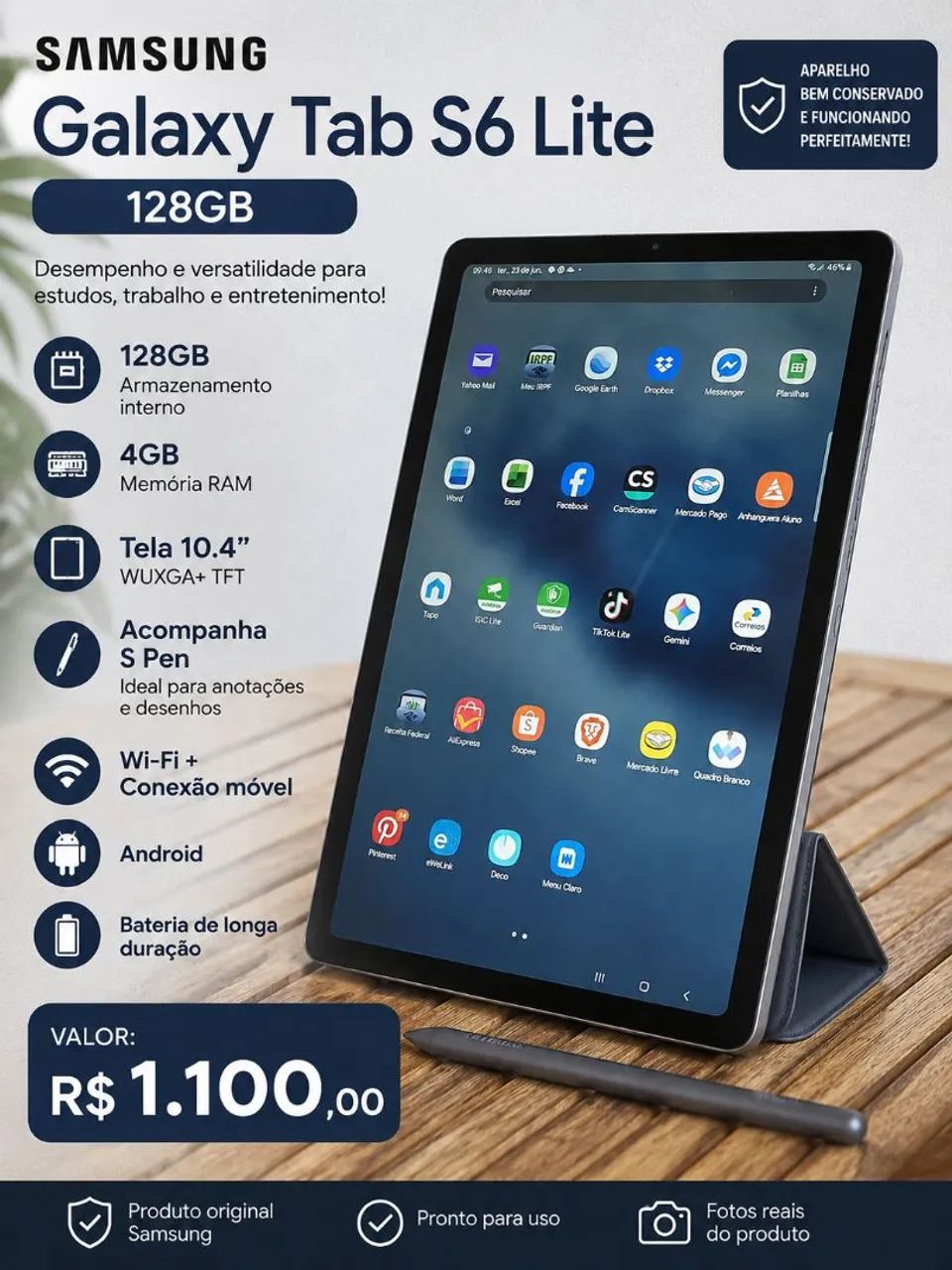 Oportunidade!!! Tablet S6 Lite samsung 128G