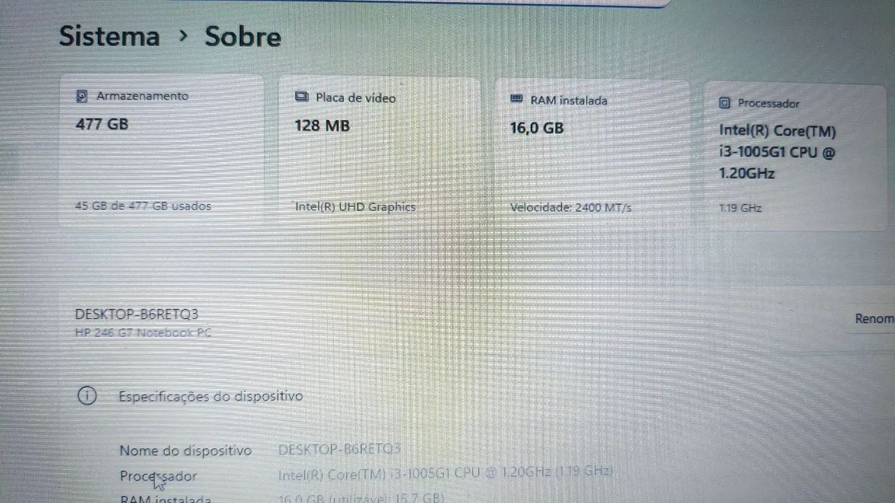 Notebook Hp 500gb SSD 16gb ddr4 Intel i3 10 geração 